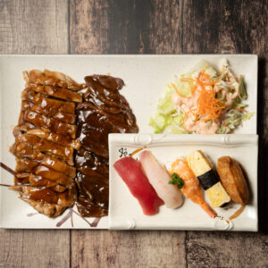 13. TERIYAKI BEEF, TERIYAKI CHICKEN & SUSHI (5 pcs)