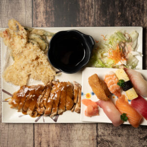 C - 19: SUSHI (7 pcs) & TERIYAKI CHICKEN & TEMPURA