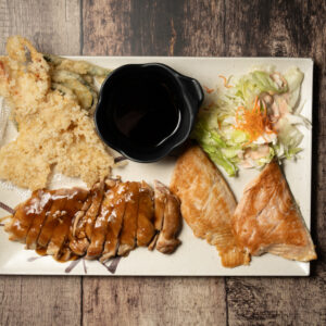 C - 26: Teriyaki Salmon, Teriyaki Chicken & Tempura